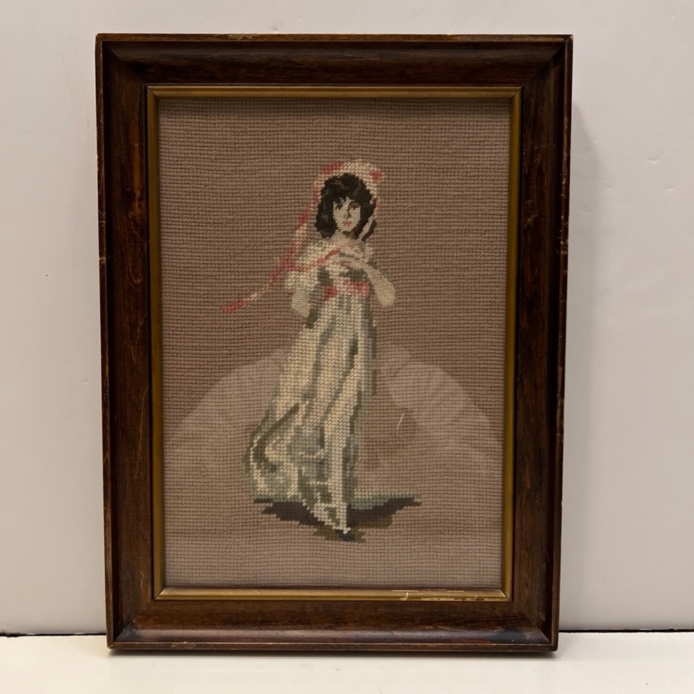 Vintage "Pinkie" Pink Girl Needlepoint Framed Wood Frame 16" x 12" MCM
